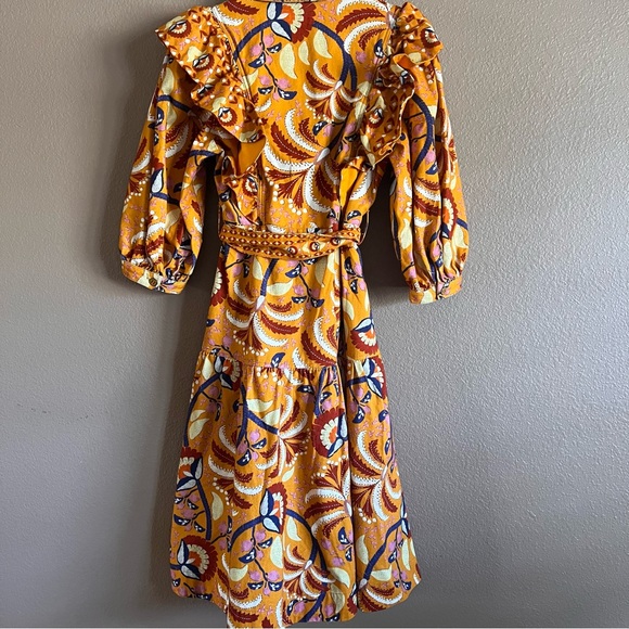 FARM Rio Yellow Palms Midi Ruffled Party Dress with Belt Size Small - Picture 8 of 12